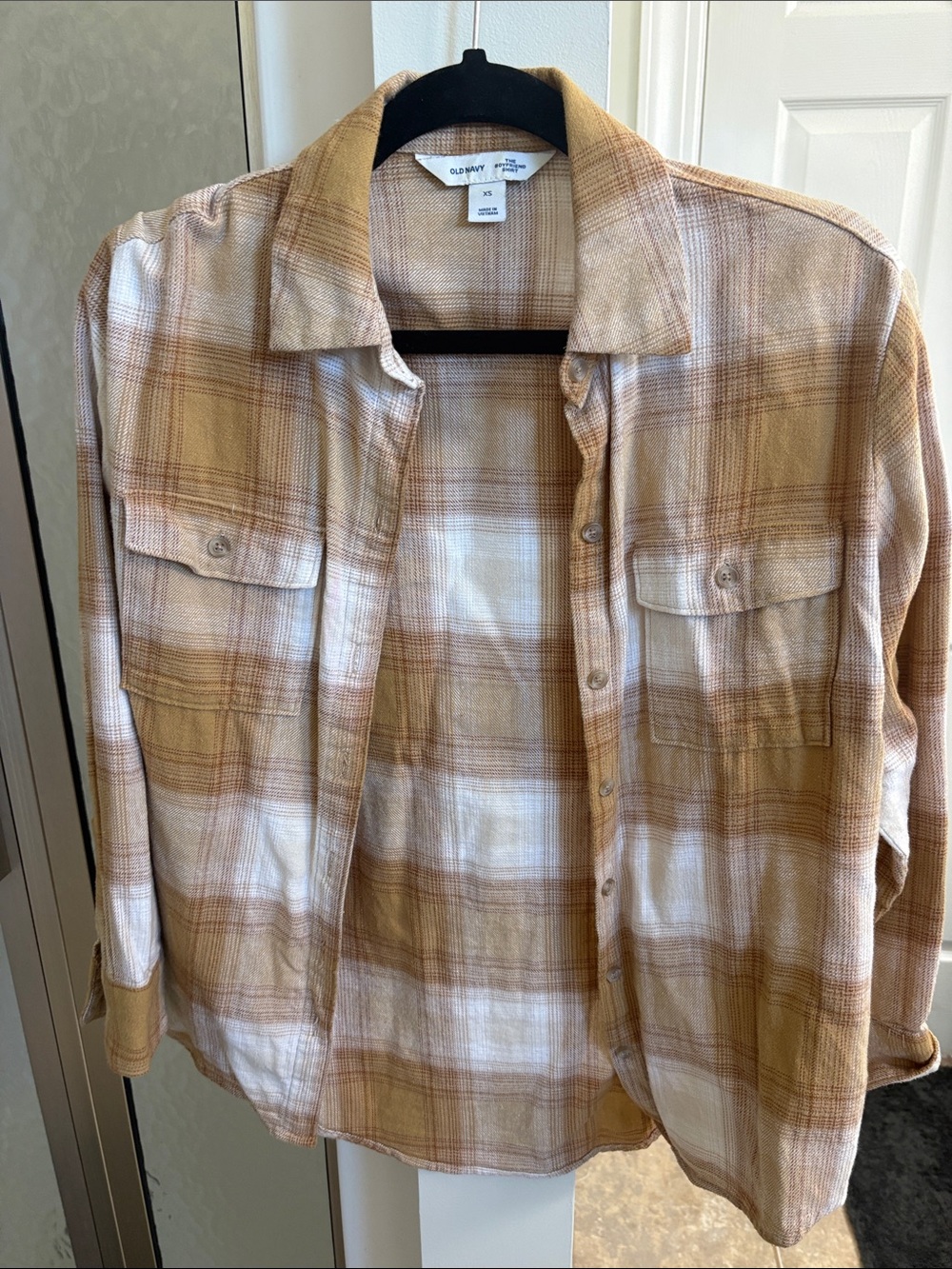 Old Navy Tan and White Plaid Button-Down Shirt